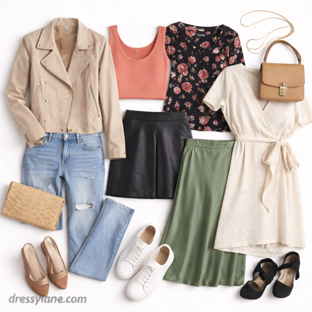 Flat lay of women’s house party outfits featuring dresses, skirts, jeans, tops, jacket, shoes, and accessories styled for a social gathering.