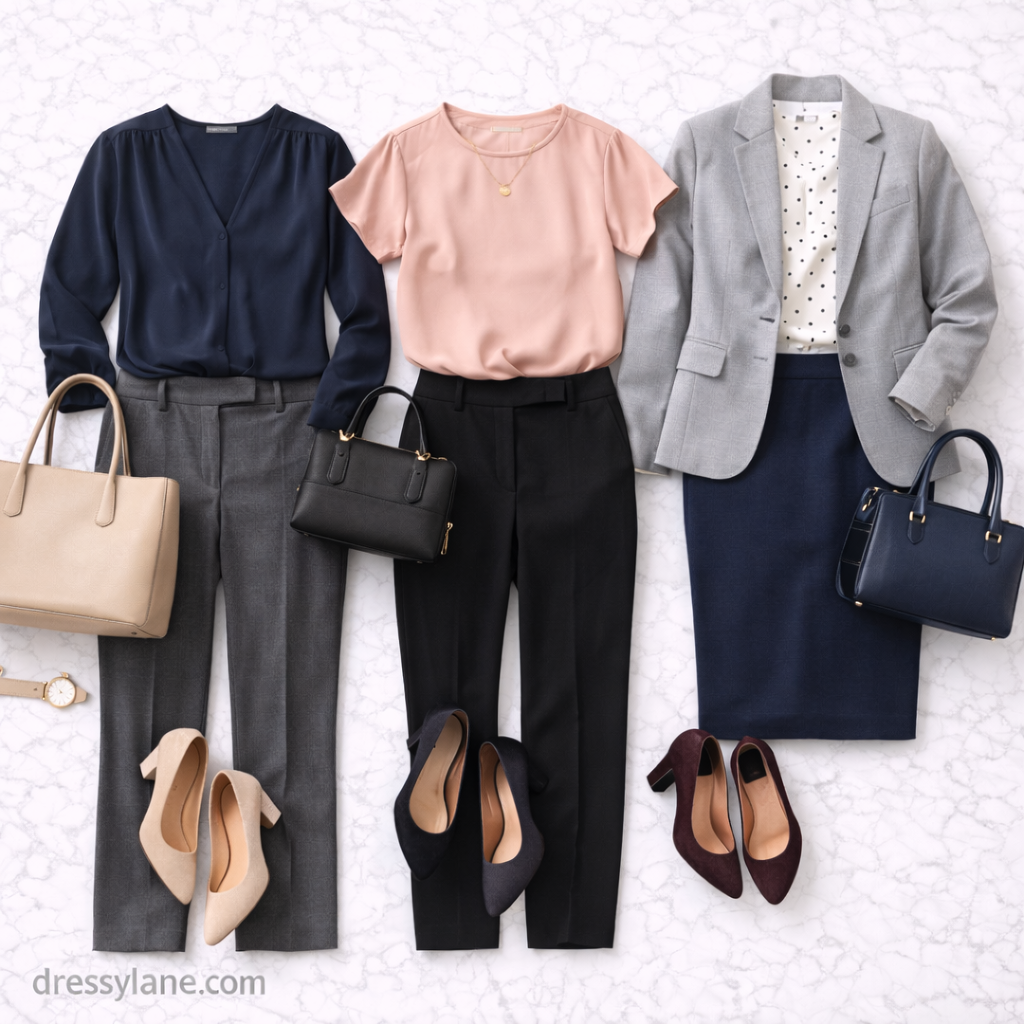 Flat lay of women’s professional job fair outfits featuring blouses, dress pants, skirts, shoes, and handbags.