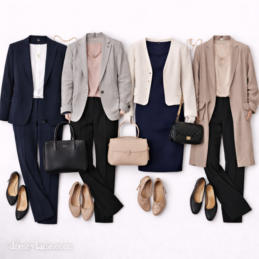 Flat lay of women’s professional job interview outfits featuring tailored blazers, blouses, dresses, flats, heels, and structured handbags.