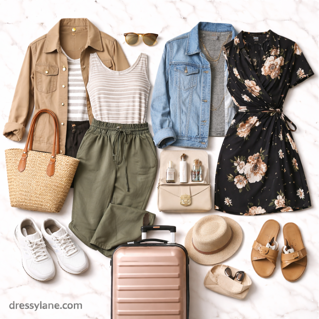 Flat lay of women’s travel outfits featuring versatile layers, comfortable clothing, shoes, bags, and accessories styled for last-minute packing.