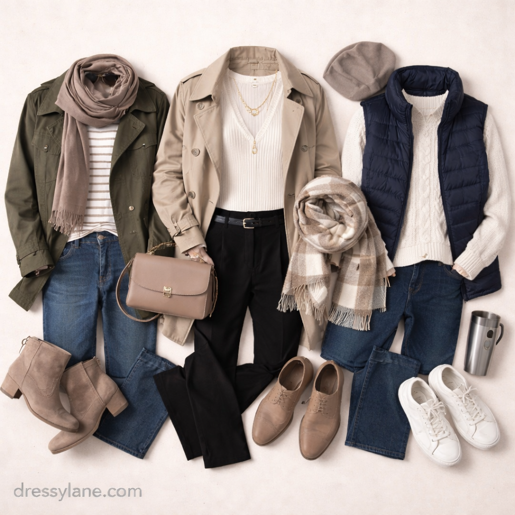 Flat lay of women’s layered outfits featuring jackets, scarves, sweaters, jeans, and shoes for changing weather conditions.