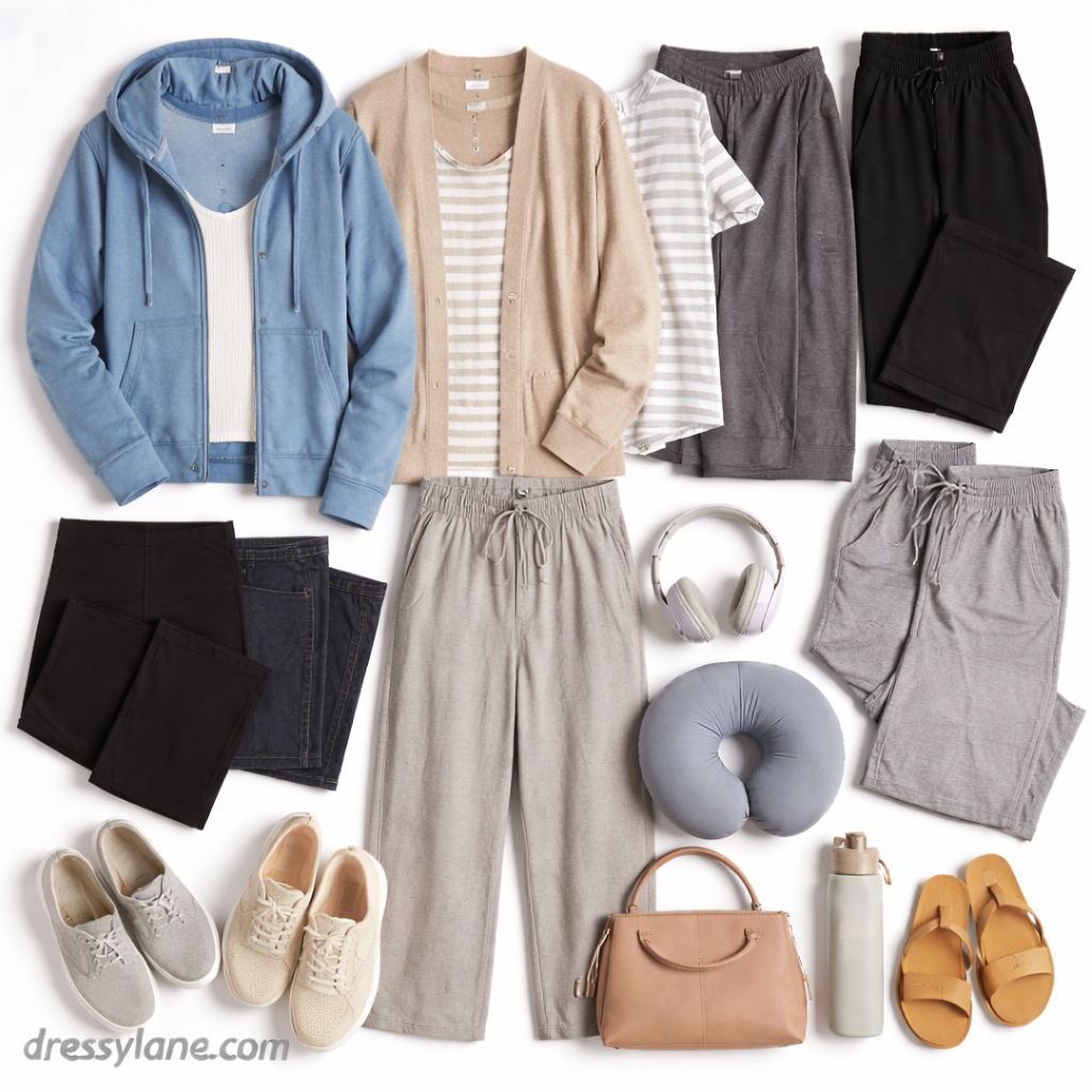 Flat lay of women’s long flight outfits featuring hoodies, cardigans, joggers, leggings, sneakers, and travel accessories.