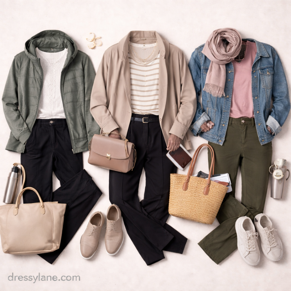Flat lay of women’s comfortable travel outfits including joggers, jackets, sweaters, sneakers, totes, and travel accessories.