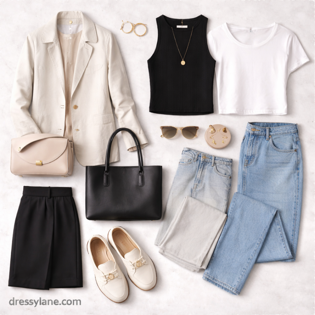 Flat lay of women’s minimalist clothing featuring neutral-toned blazer, simple tops, tailored trousers, jeans, loafers, and understated accessories.