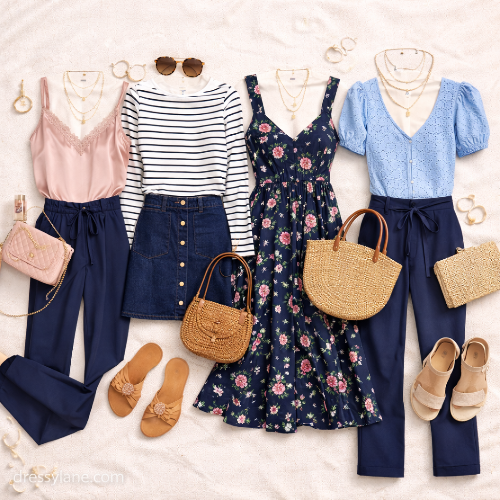 Flat lay of women’s outfits featuring navy dresses, navy skirts, navy trousers, and navy-based combinations paired with blush, white, and light blue accents.