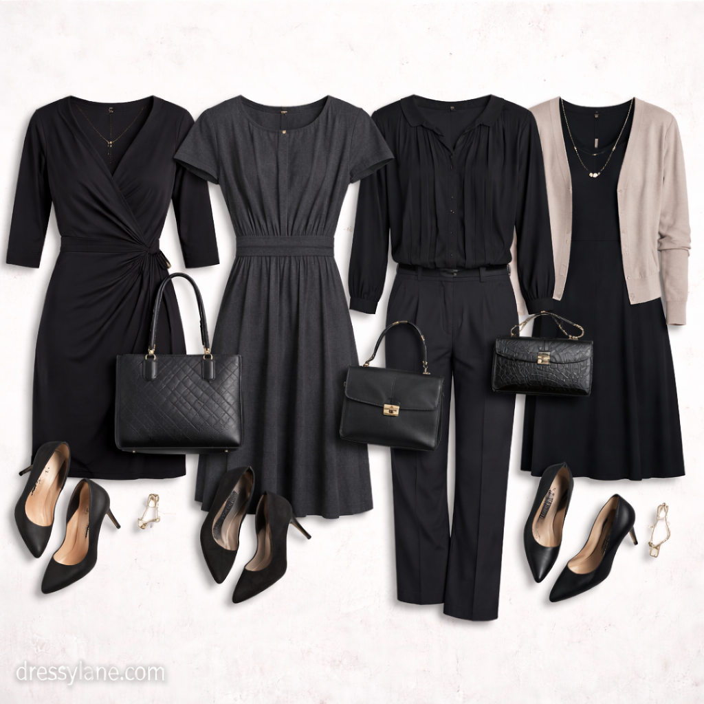 Flat lay of women’s non-religious funeral outfits featuring black and neutral dresses, trousers, heels, handbags, and understated accessories.