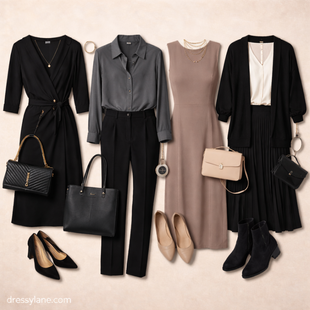 Flat lay of women’s respectful outfits for serious occasions featuring neutral dresses, tailored clothing, and understated accessories.