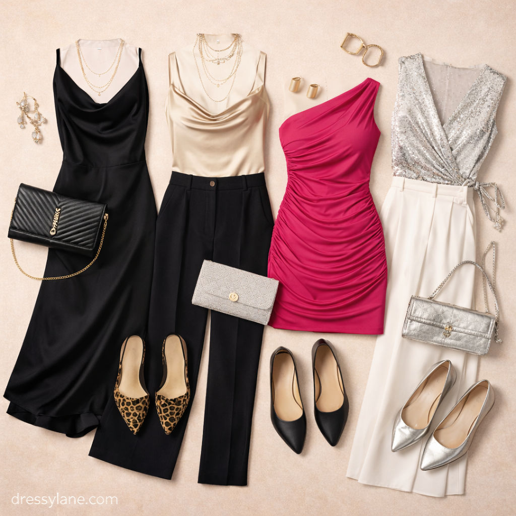 Flat lay of women’s party outfits paired with heel-free shoes including pointed flats, ballet flats, and dressy slip-ons.