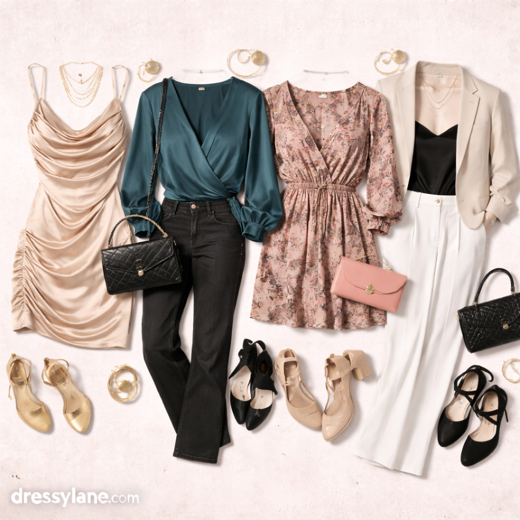 Flat lay of women’s party outfits featuring dresses, chic tops, tailored pants, heels, handbags, and accessories arranged for social events.