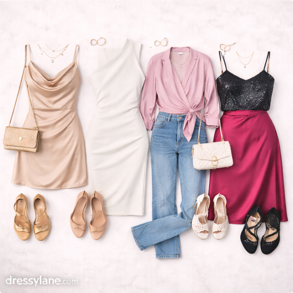 Flat lay of women’s party outfits and shoes featuring heels, sandals, dresses, skirts, tops, handbags, and accessories arranged for social events.