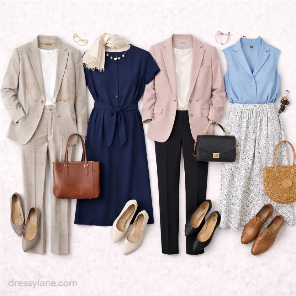 Flat lay of women’s professional outfits featuring tailored blazers, dresses, trousers, flats, loafers, handbags, and office-ready accessories.