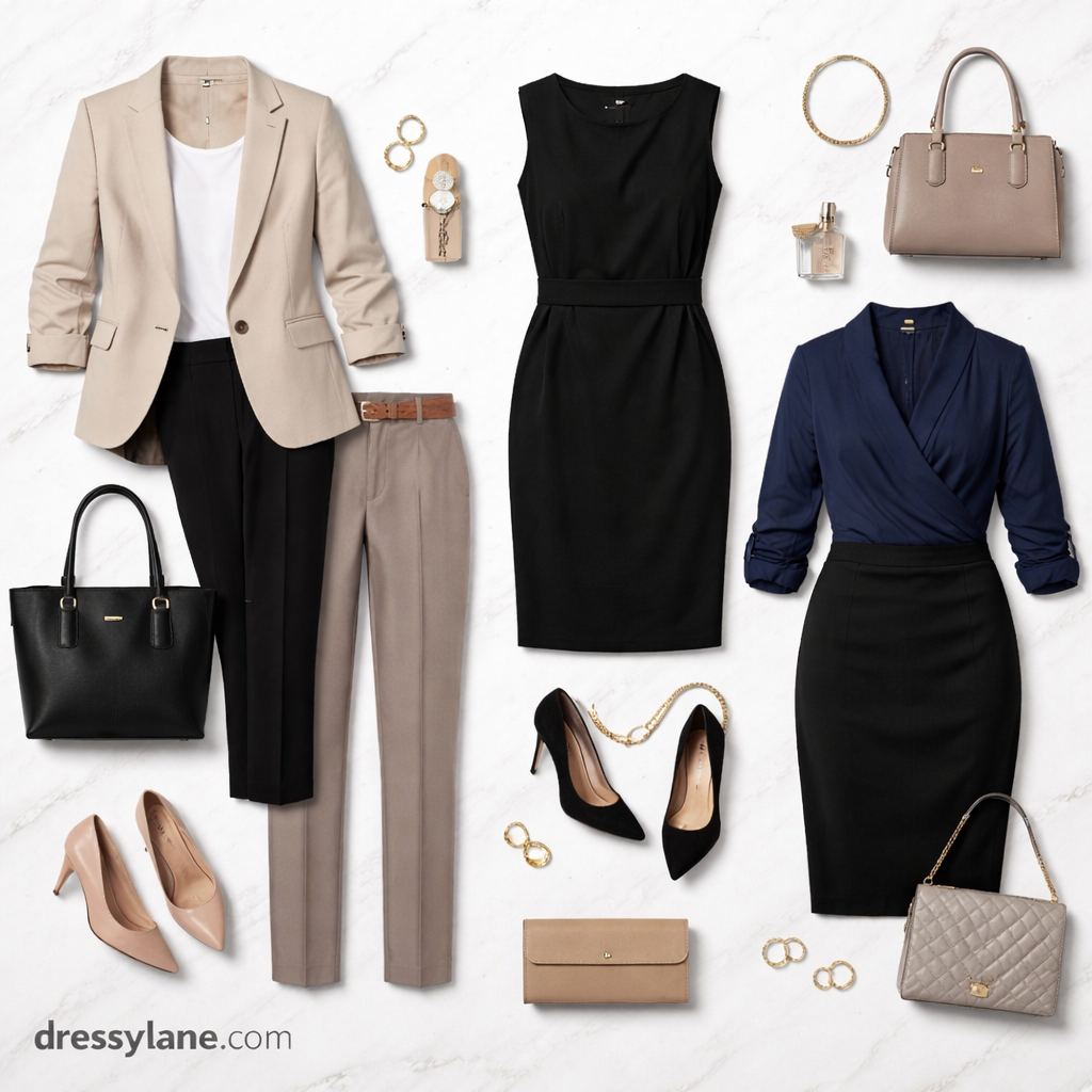 Flat lay of affordable women’s professional workwear outfits including blazers, dresses, skirts, shoes, and accessories arranged neatly on a light background.