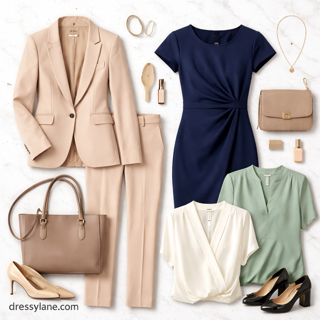 Women’s promotion interview outfit flat lay featuring a tailored suit, professional dress, blouses, heels, handbag, and coordinated accessories.