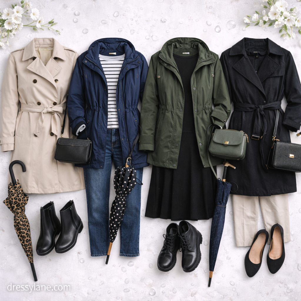 Flat lay of women’s rainy day outfits featuring trench coats, rain jackets, waterproof boots, umbrellas, and practical accessories.