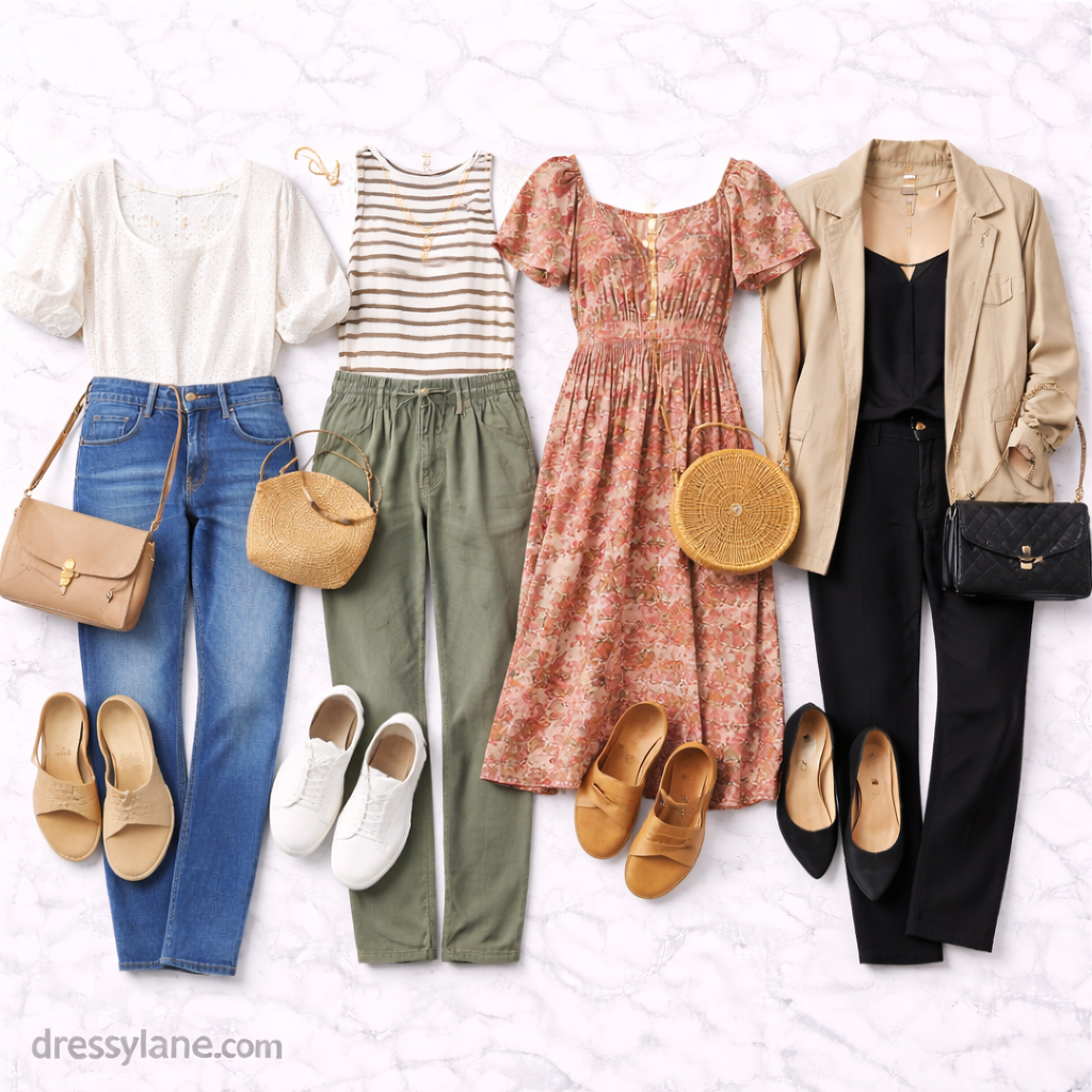 Flat lay of women’s wardrobe essentials with versatile clothing, shoes, and accessories for rebuilding a functional closet.