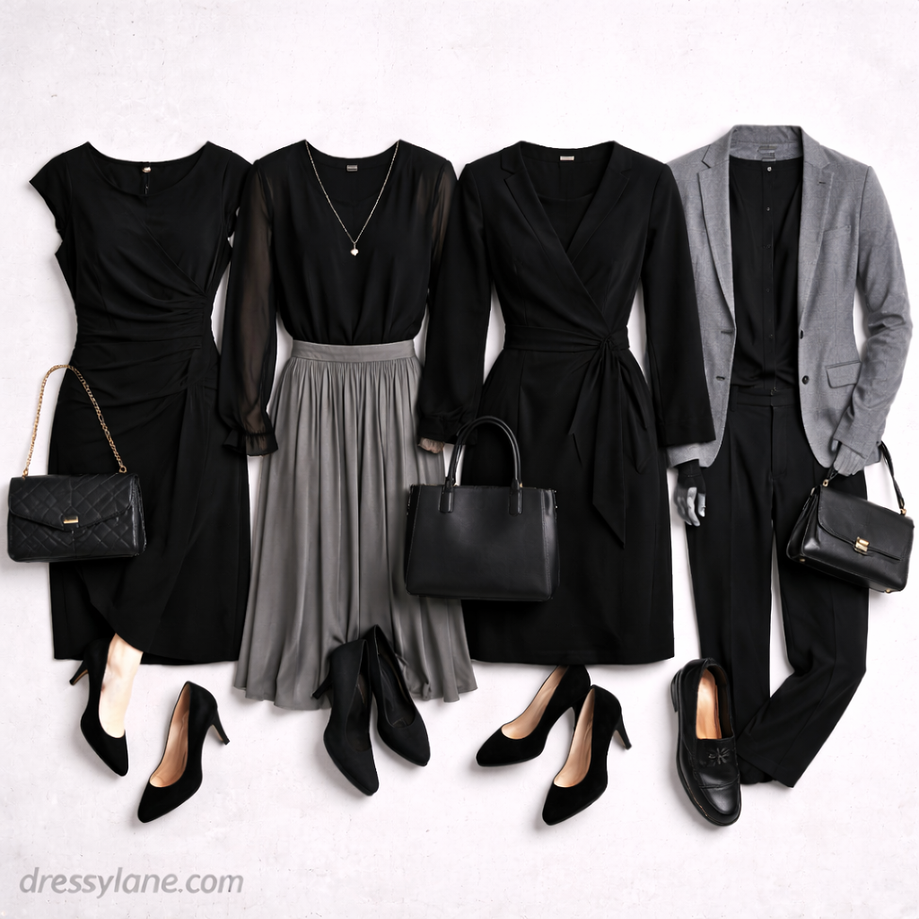 Flat lay of women’s religious funeral outfits featuring modest black dresses, tailored skirts, blouses, cardigans, closed-toe shoes, and understated accessories.