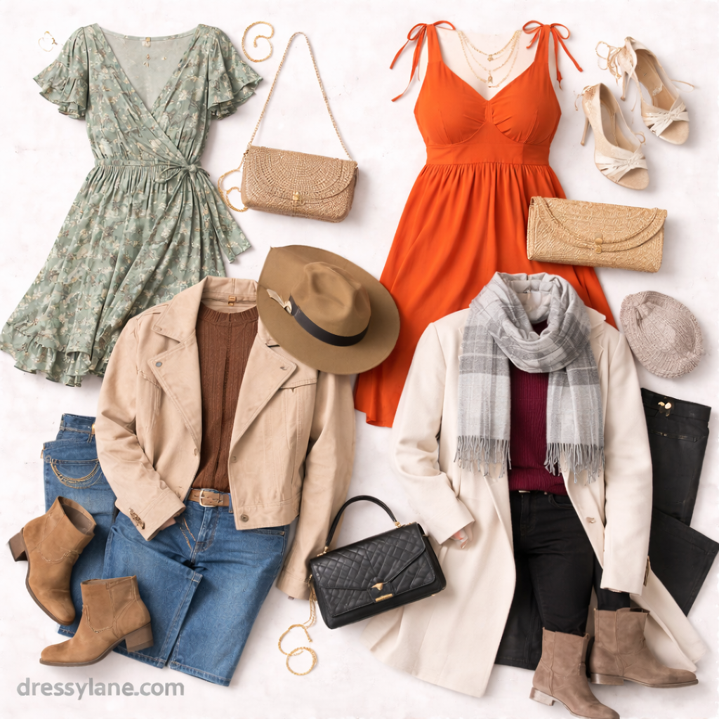 Flat lay of women’s seasonal event outfits featuring spring, summer, fall, and winter clothing with coordinated accessories.