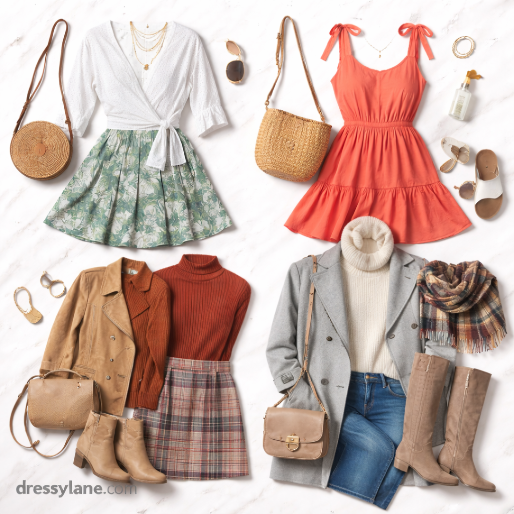 Flat lay of women’s outfits styled for different seasons, including dresses, skirts, sweaters, coats, shoes, and accessories arranged on a light background.