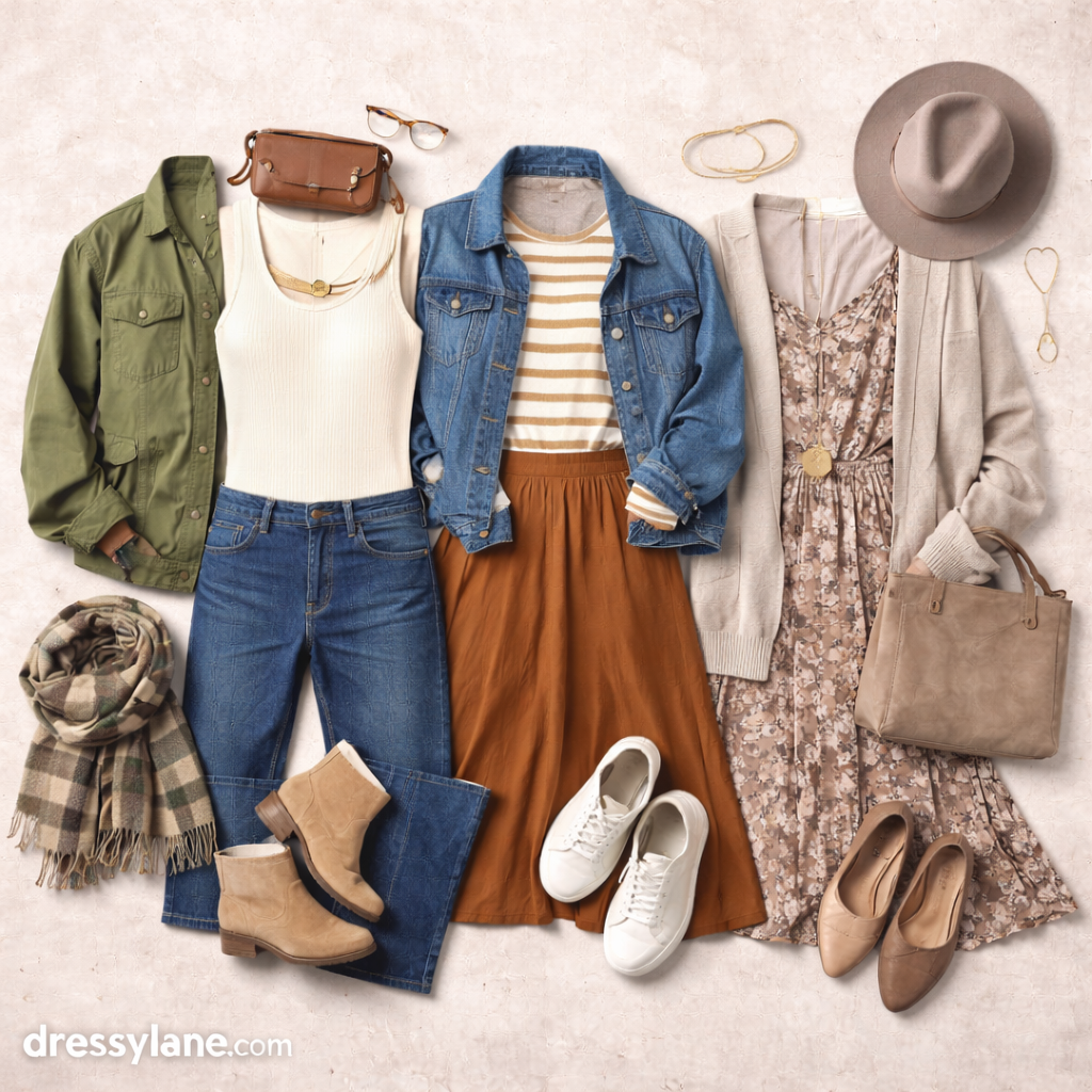 Flat lay of women’s transitional outfits with jackets, dresses, jeans, sweaters, shoes, and accessories arranged for changing seasons.
