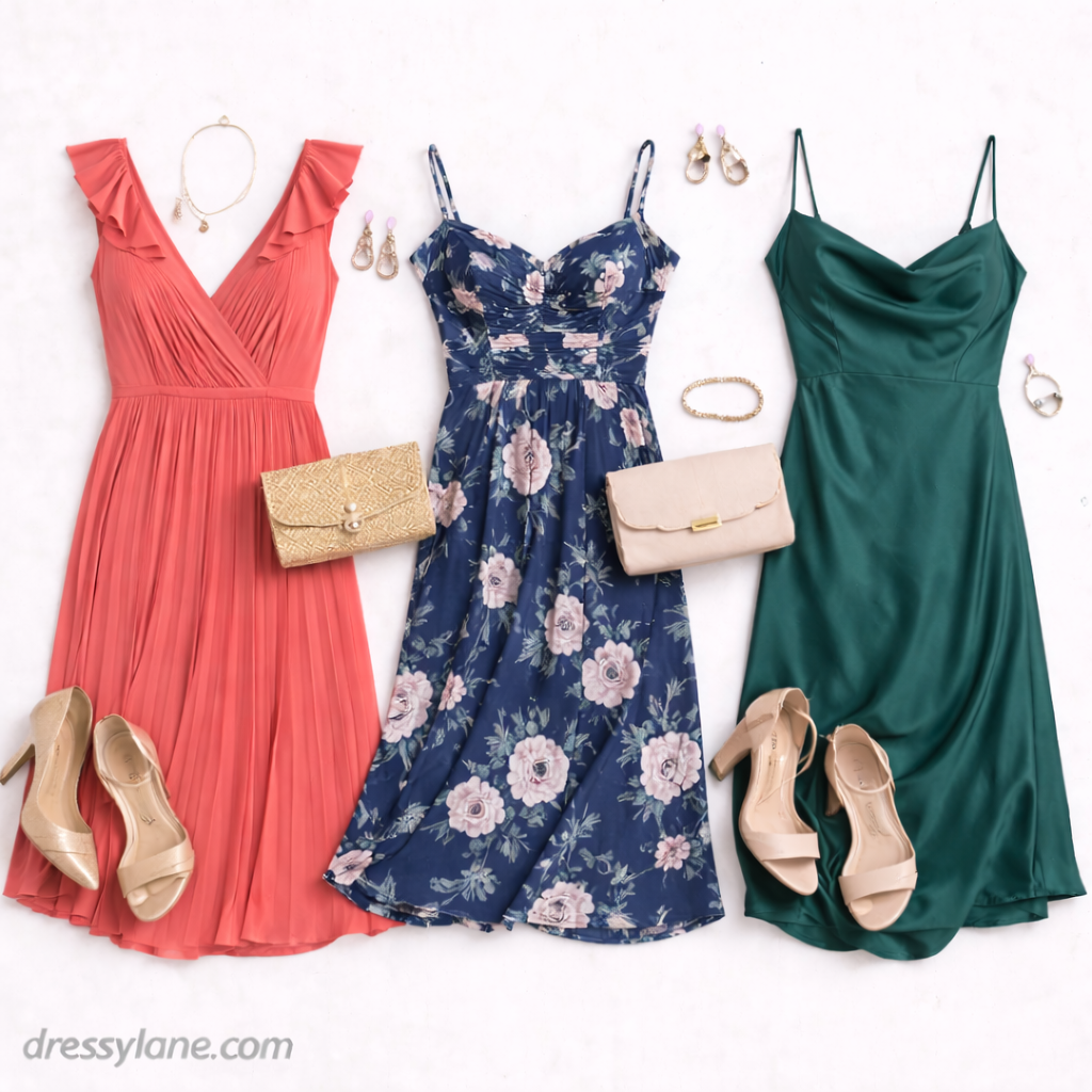 Flat lay of women’s semi-formal wedding outfits featuring coral, floral navy, and emerald dresses with heels, clutches, and elegant accessories.