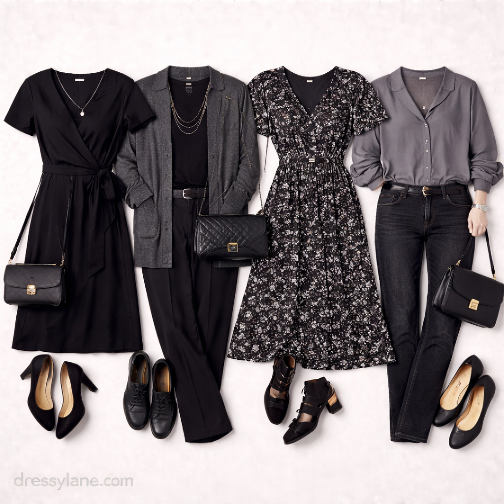 Flat lay of women’s modest and respectful outfits featuring dark dresses, blouses, cardigans, trousers, and understated accessories for serious occasions.