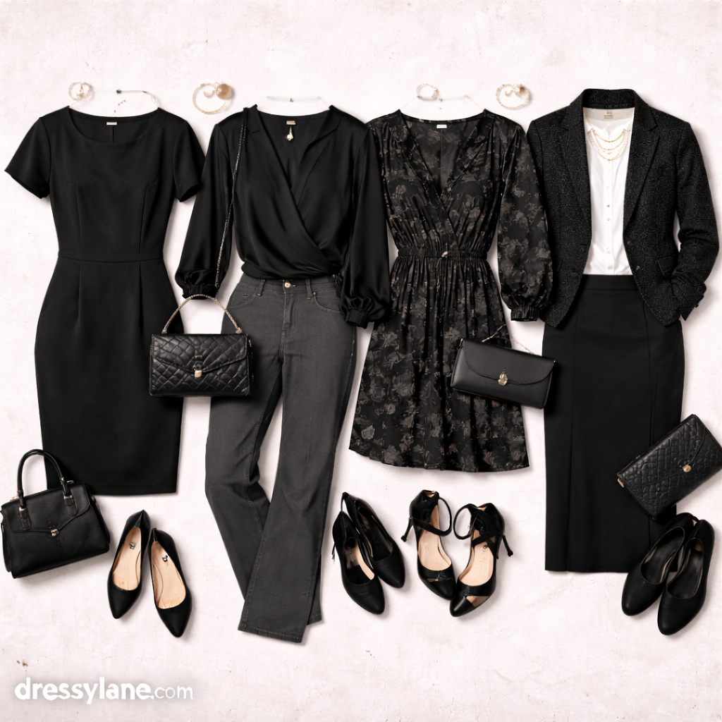 Flat lay of women’s formal outfits featuring black dresses, tailored pants, blouses, blazers, heels, and elegant accessories for serious occasions.