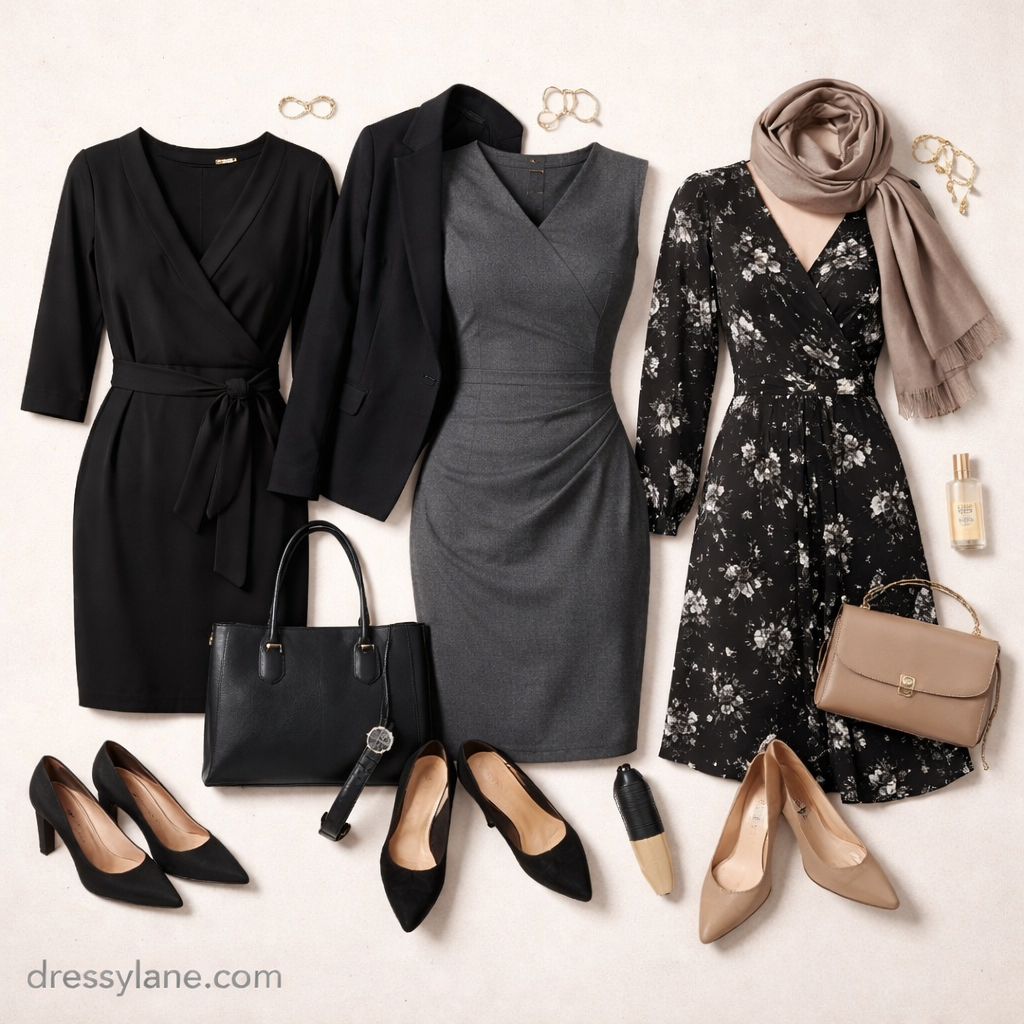 Flat lay of women’s formal and modest outfits with dresses, blazers, heels, handbags, and accessories suitable for serious events while traveling.