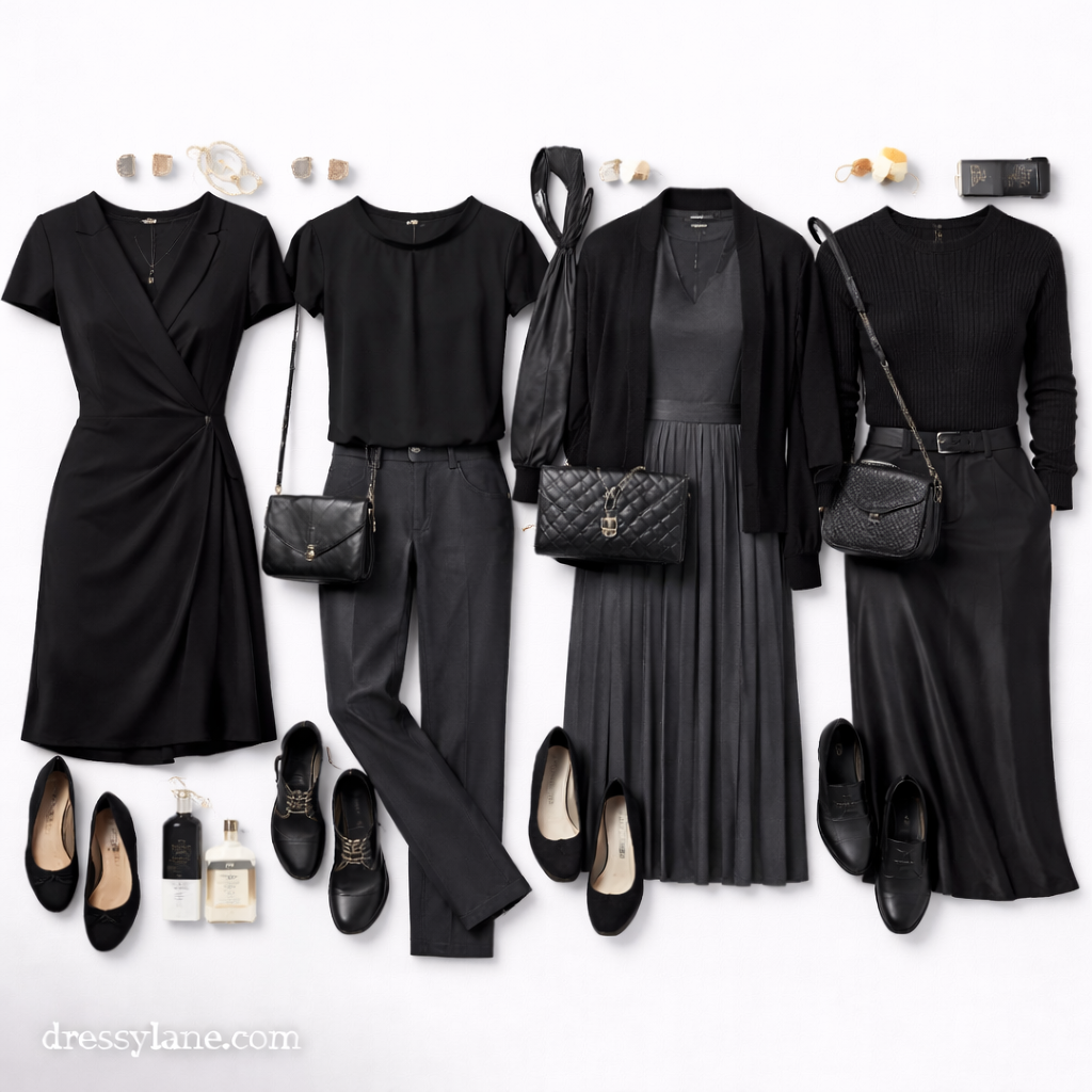 Flat lay of women’s comfortable and respectful outfits for serious events, featuring dresses, skirts, blouses, flats, and minimal accessories.