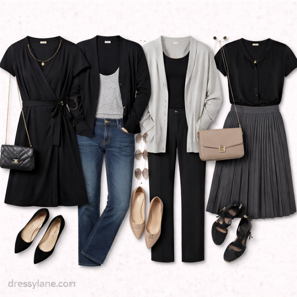 Flat lay of women’s modest, neutral-toned outfits including dresses, cardigans, trousers, flats, handbags, and understated accessories for serious occasions.