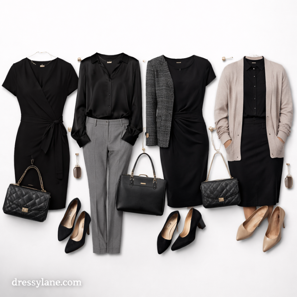 Flat lay of women’s formal and conservative outfits arranged for serious events, including dresses, blouses, skirts, and accessories.