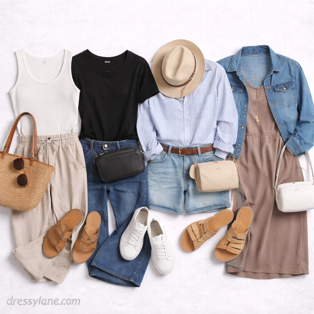 Flat lay of women’s simple everyday outfits featuring neutral tops, denim, relaxed trousers, casual dresses, sandals, sneakers, handbags, and minimal accessories.