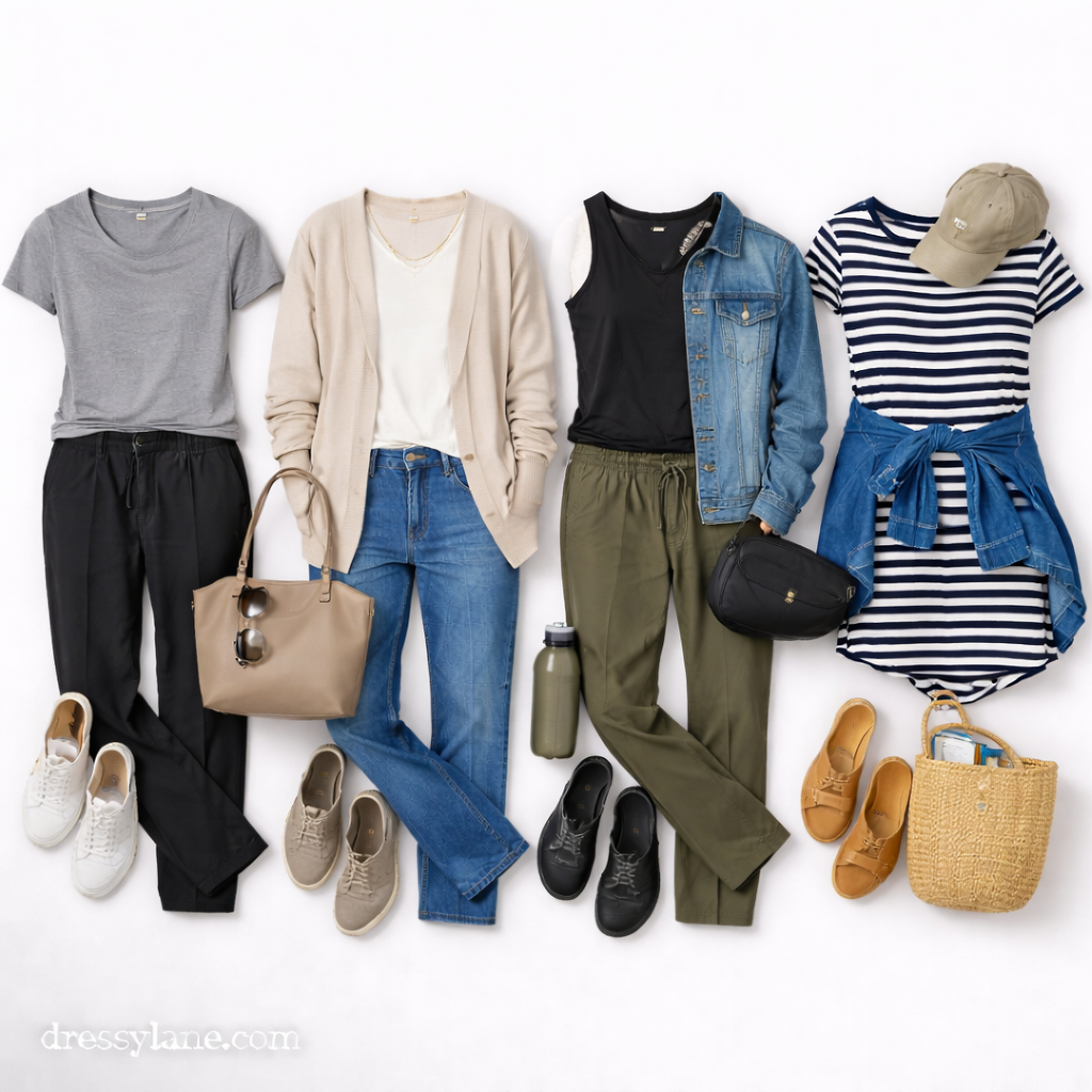 Flat lay of women’s simple, comfortable outfits featuring neutral tops, casual pants, sneakers, and everyday accessories.