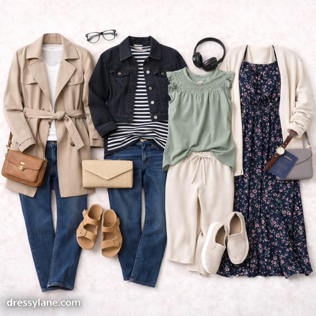 Flat lay of women’s versatile outfits featuring neutral layers, casual dresses, denim, comfortable shoes, and accessories designed for a small closet wardrobe.