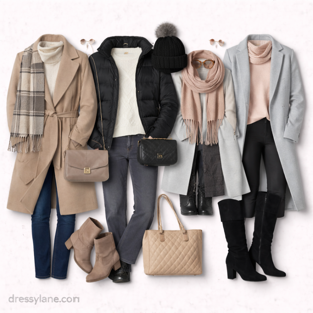 Flat lay of women’s cold-weather outfits featuring coats, sweaters, scarves, boots, handbags, and winter accessories in neutral tones.