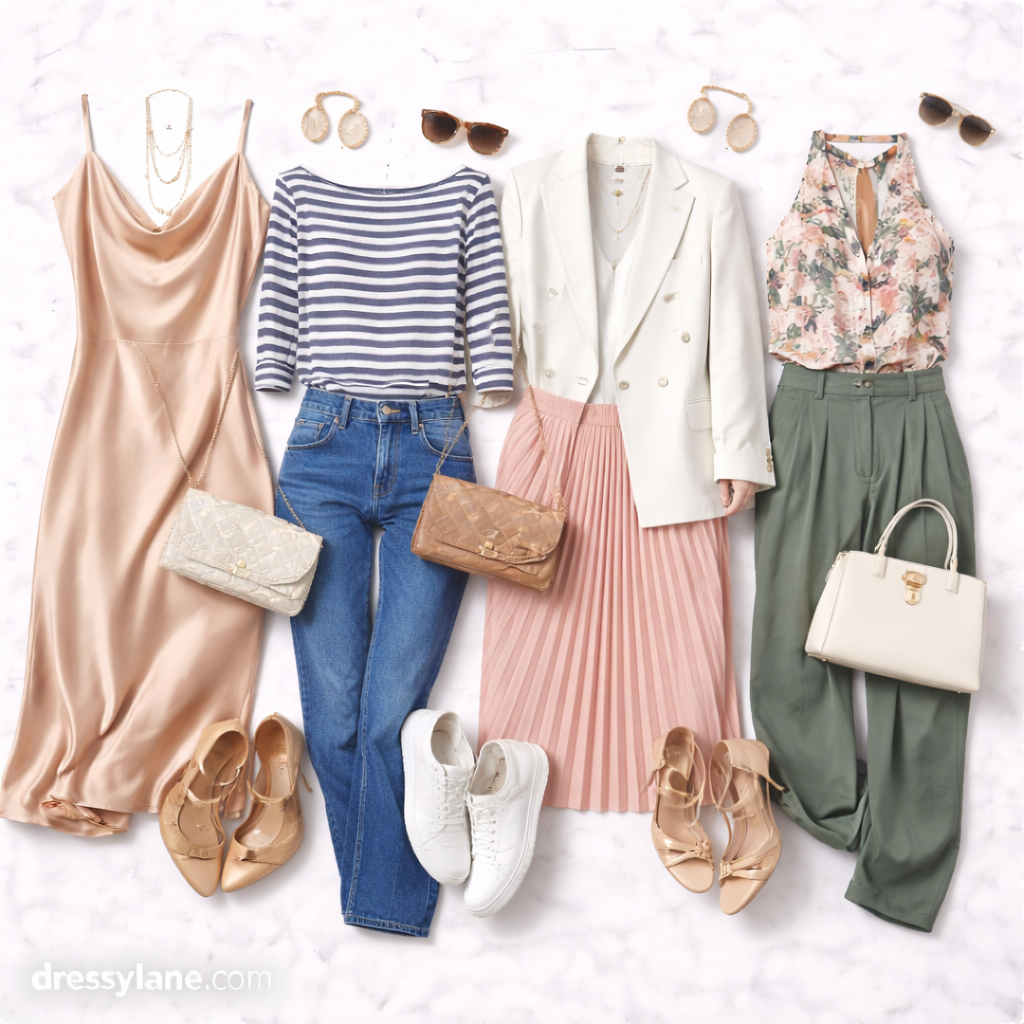 Flat lay of women’s versatile outfits styled for multiple events, featuring dresses, casual separates, tailored layers, shoes, bags, and accessories arranged on a light background.