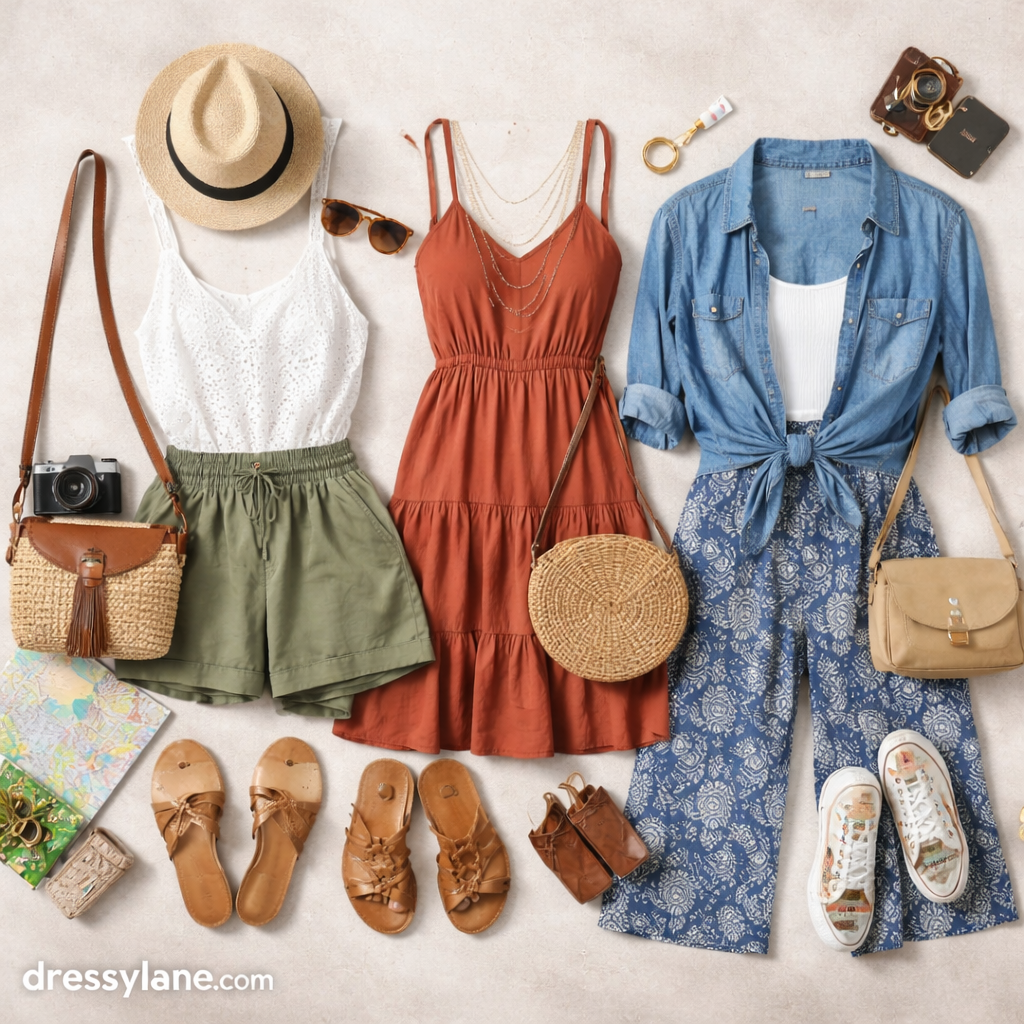 Flat lay of women’s tourist outfits including dresses, shorts, travel pants, sandals, sneakers, bags, and accessories arranged for vacation activities.