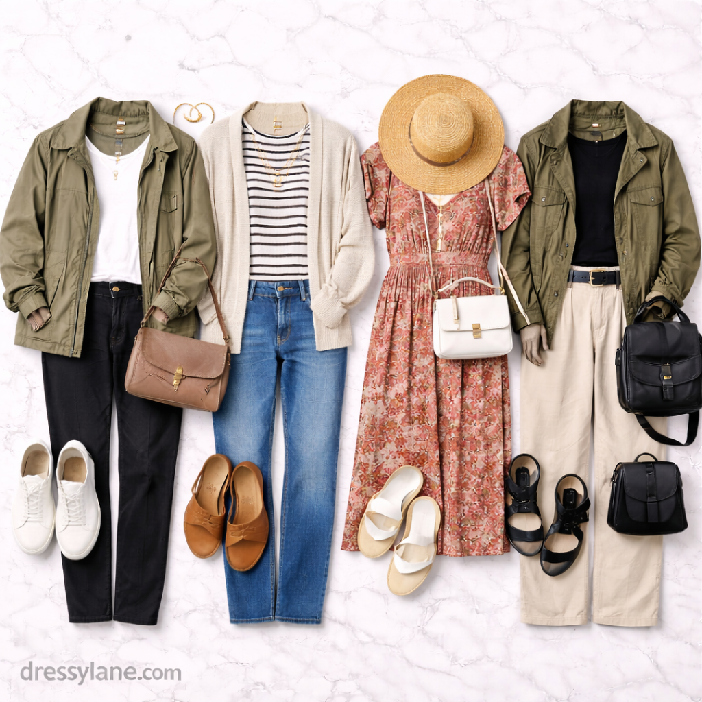 Flat lay of women’s travel capsule wardrobe with versatile clothing, shoes, and accessories suitable for living out of a suitcase.