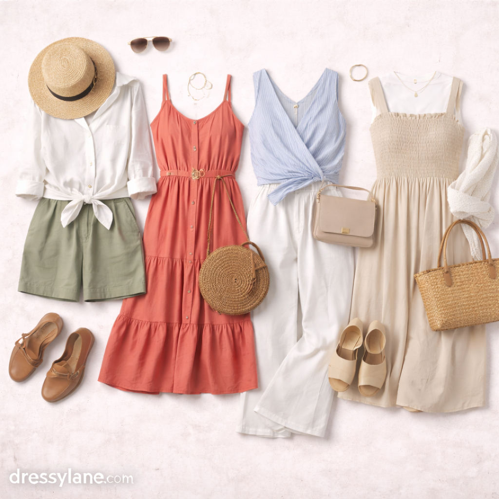 Flat lay of women’s travel outfits for hot climates featuring breathable dresses, lightweight tops, shorts, sandals, and vacation accessories.