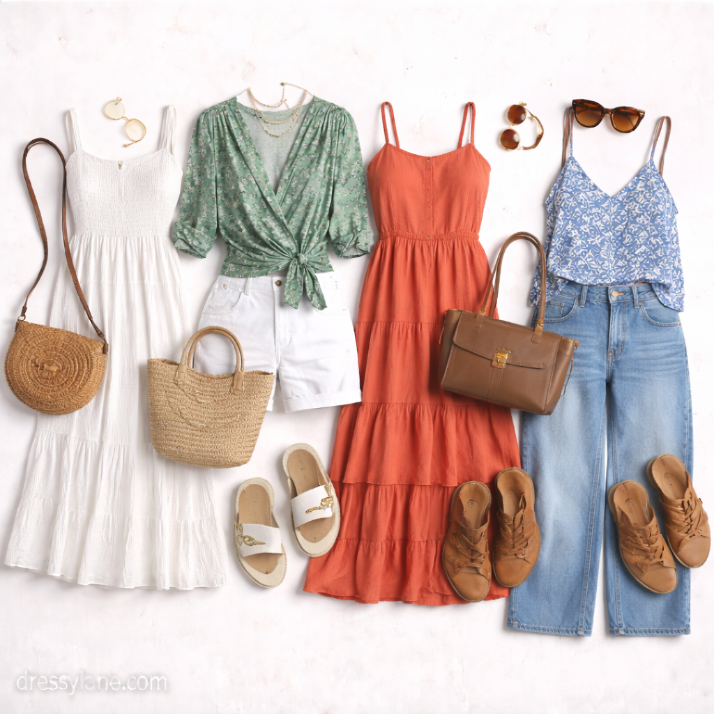 Flat lay of women’s vacation outfits featuring dresses, casual tops, jeans, sandals, tote bags, and summer accessories.