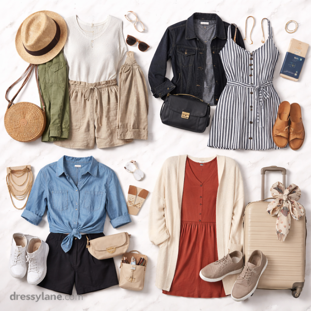 Flat lay of women’s versatile travel outfits featuring dresses, lightweight tops, layering pieces, shoes, bags, and accessories arranged on a light background.