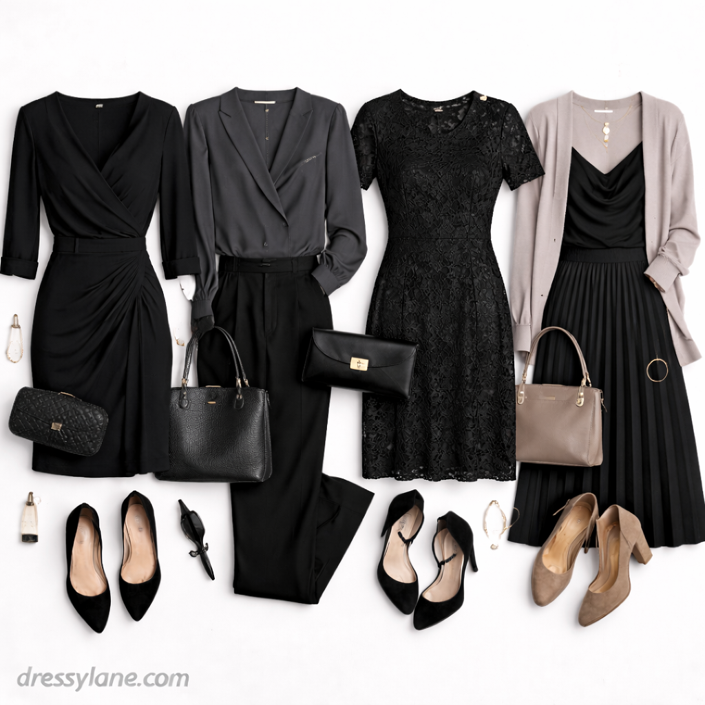 Flat lay of women’s wake outfits featuring modest black dresses, tailored separates, neutral cardigans, closed-toe heels, and understated accessories.