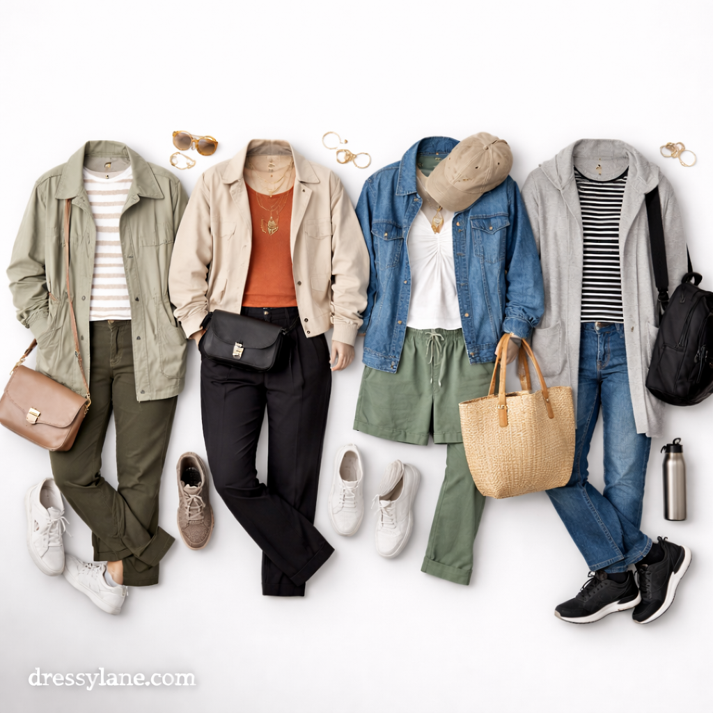 Flat lay of women’s comfortable and stylish outfits designed for walking all day, including casual layers, sneakers, and travel-friendly accessories.