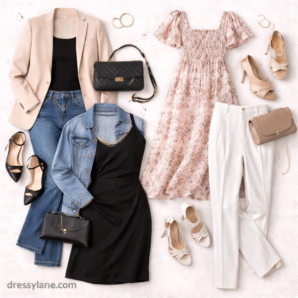 Flat lay of women’s versatile outfits including a blazer and jeans, floral dress, black slip dress with denim jacket, and neutral trousers styled for uncertain dress codes.
