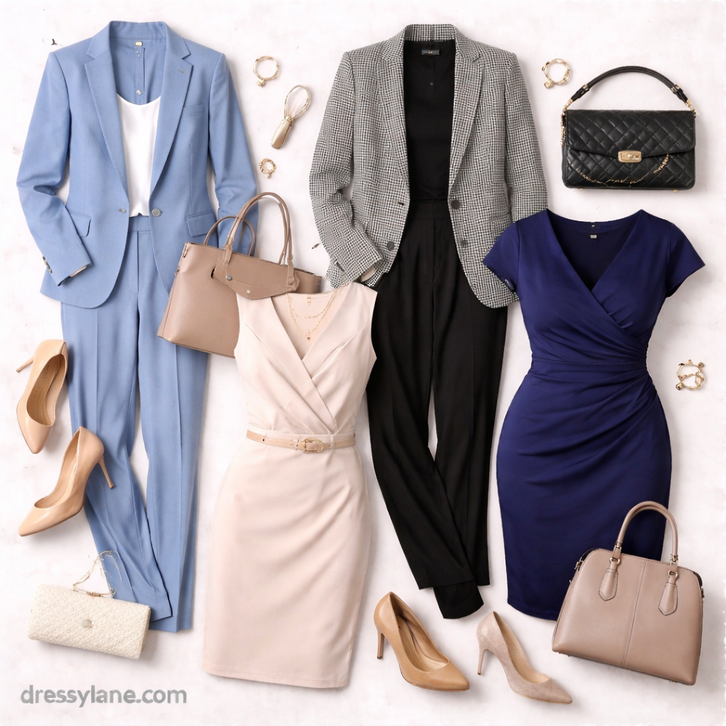 Flat lay of women’s professional work presentation outfits featuring tailored suits, structured dresses, heels, handbags, and polished accessories.