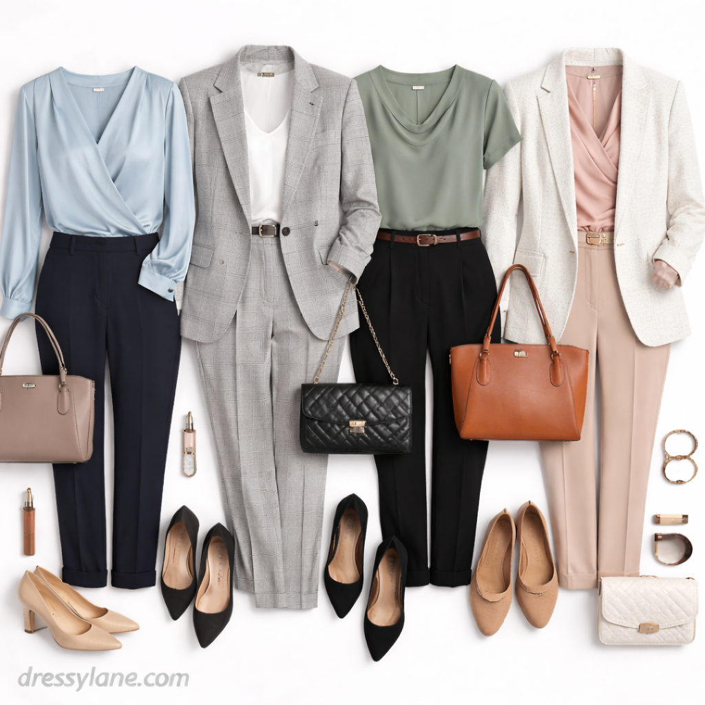 Flat lay of women’s Zoom interview outfits featuring blouses, blazers, tailored pants, professional shoes, and polished accessories.