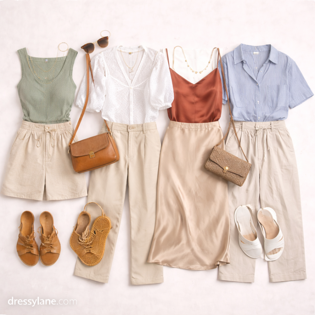 Flat lay of women’s beige outfits paired with complementary colors, featuring neutral trousers, skirts, tops, and accessories.