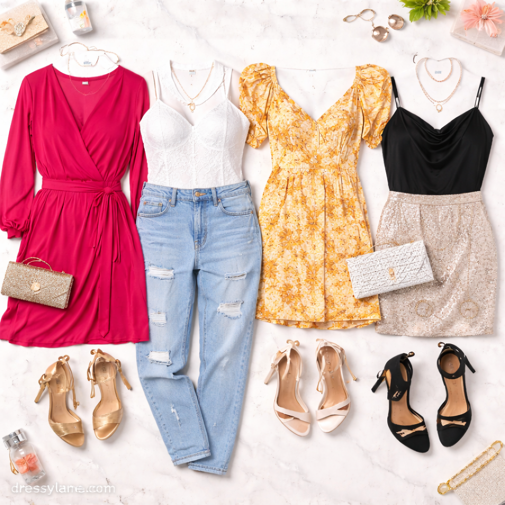 Flat lay of women’s birthday party outfits featuring dresses, skirts, tops, and coordinated accessories.