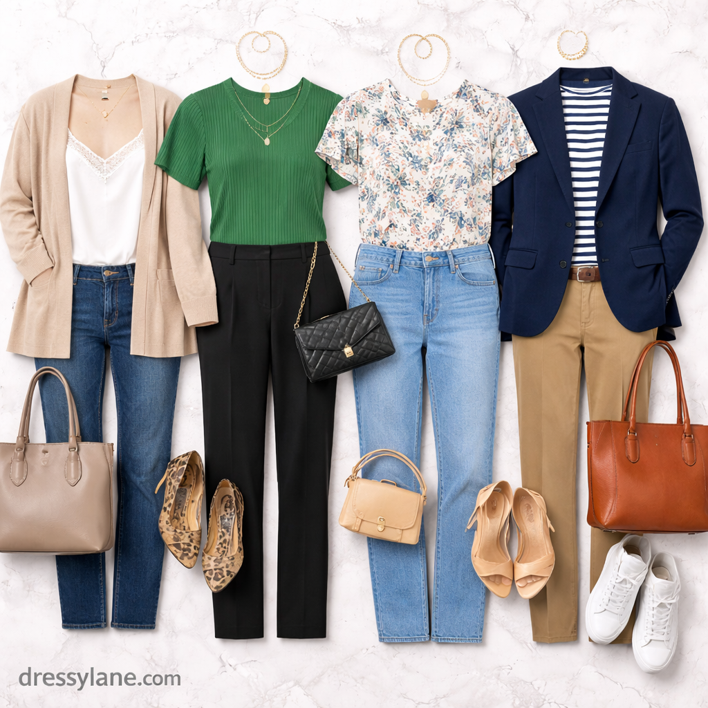 Flat lay of women’s casual Friday work outfits with tops, pants, flats, and accessories styled for a relaxed office setting.