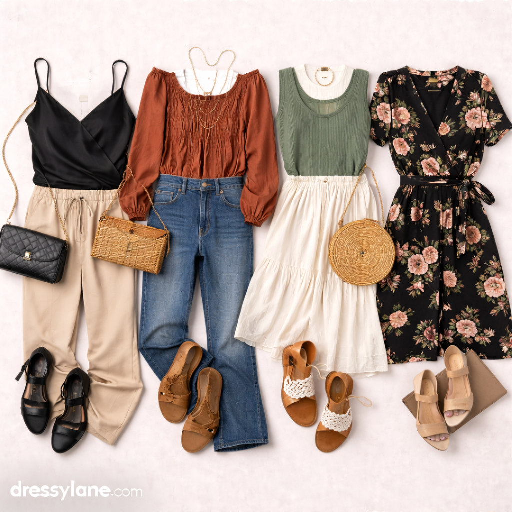 Flat lay of women’s comfortable party outfits featuring soft fabrics, relaxed silhouettes, and stylish accessories designed for social events where comfort is key.
