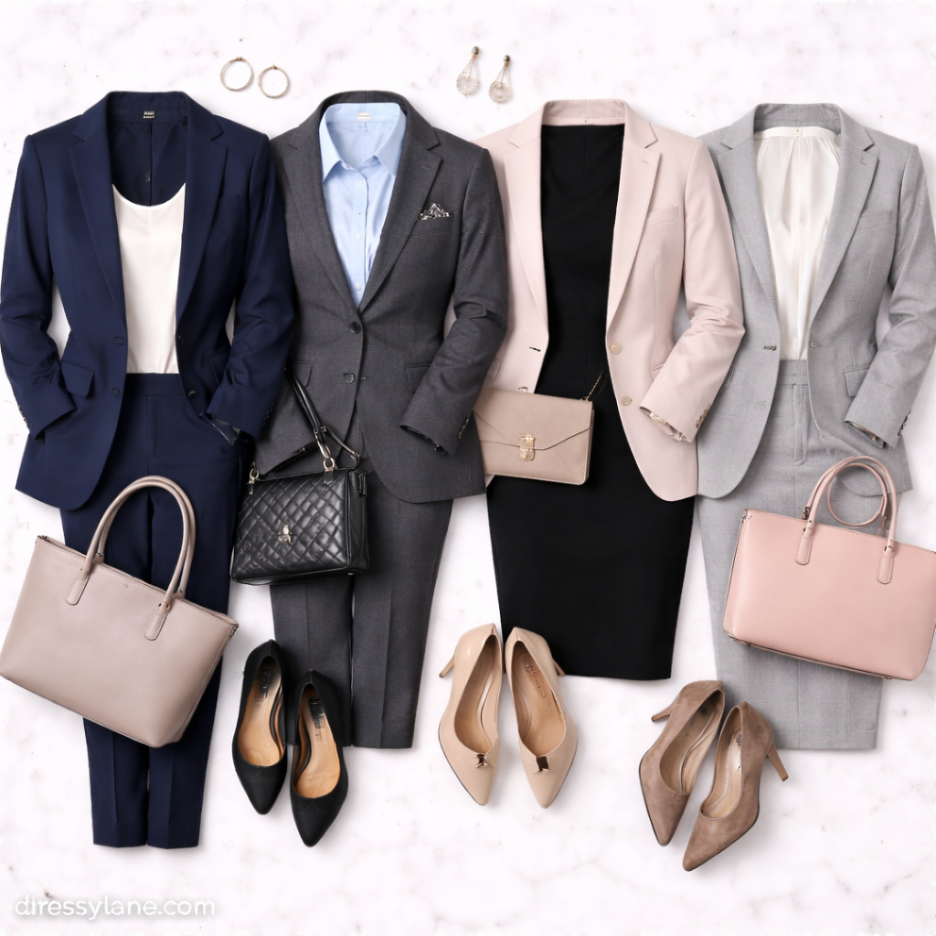 Flat lay of women’s corporate interview outfits featuring tailored suits, blazers, dresses, and professional accessories.
